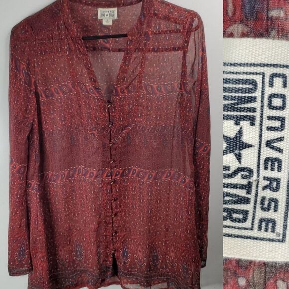 S CONVERSE oversized SEMI SHEER PRINTED BOHO maroon red TUNIC TOP small - Picture 1 of 9